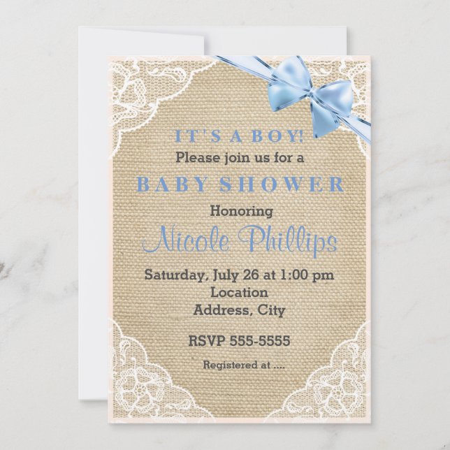 Burlap Lace & Blue Bow Baby Shower Invitation (Front)