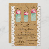 Burlap lace blue mason jar rustic bridal shower invitation