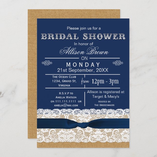 Burlap , lace,blue rustic bridal shower Invites (Front/Back)