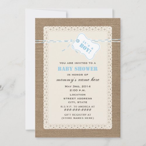 Burlap Lace  Blue Twine Inspired Baby Shower Invitation