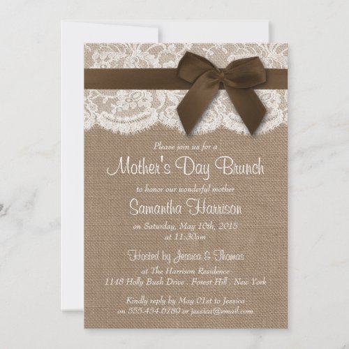 Burlap Lace  Brown Bow Mothers Day Brunch Invitation