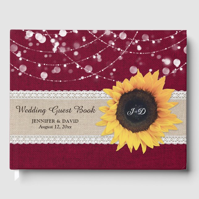 Burlap Lace Burgundy Sunflower Wedding Guest Book (Front)
