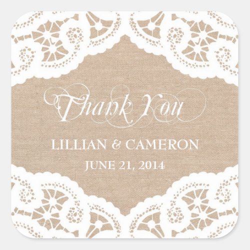 Burlap Lace Doily Thank You Name Stickers