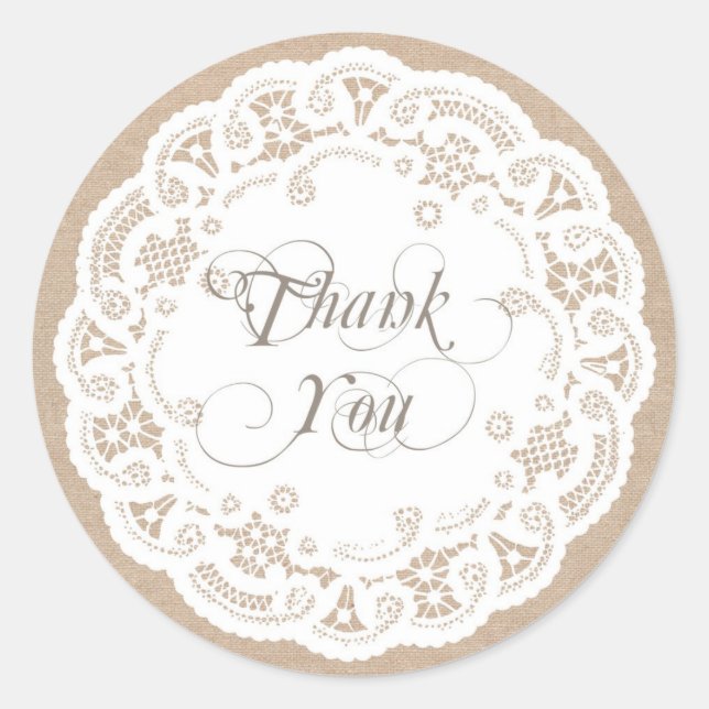 Burlap Lace Doily Thank You Stickers (Front)