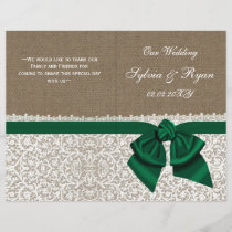 Burlap lace emerald green wedding program