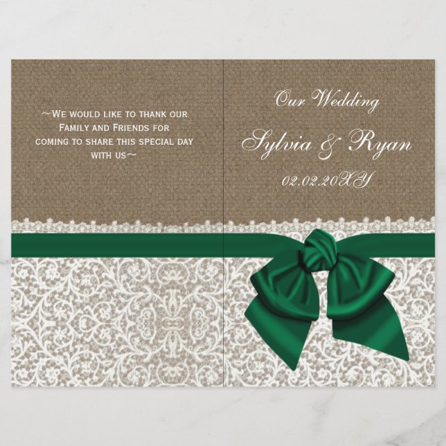 Burlap lace emerald green wedding program (Front)