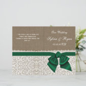 Burlap lace emerald green wedding program (Standing Front)