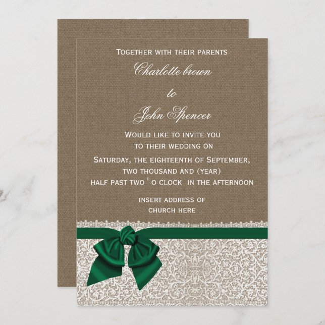 burlap lace emerald wedding invitation (Front/Back)