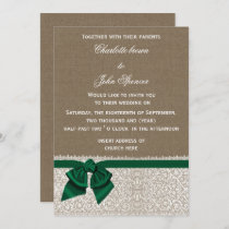 burlap lace emerald wedding invitation