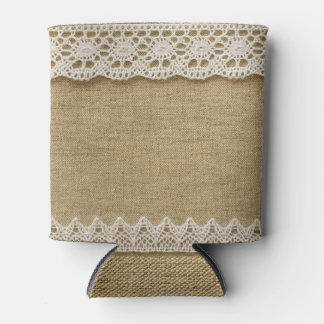 Burlap, lace fabric texture. can cooler