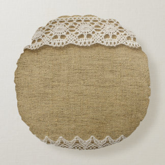 Burlap, lace fabric texture. round pillow