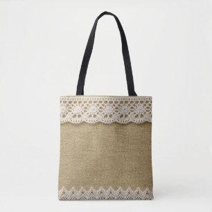 Burlap, lace fabric texture. tote bag