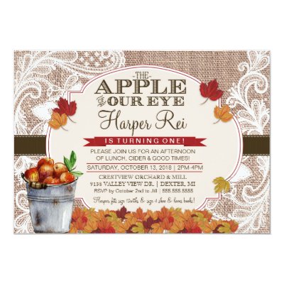 Burlap & Lace Fall Apple Birthday Party Invitation
