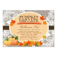 Burlap & Lace Fall Pumpkin Carving Halloween Party Card