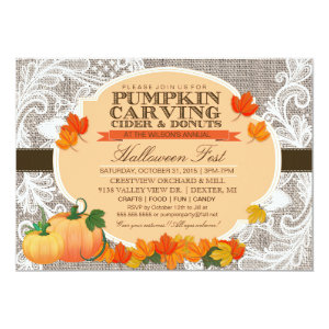 Burlap & Lace Fall Pumpkin Carving Halloween Party Card