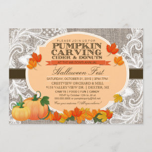 Burlap & Lace Fall Pumpkin Carving Halloween Party Invitation