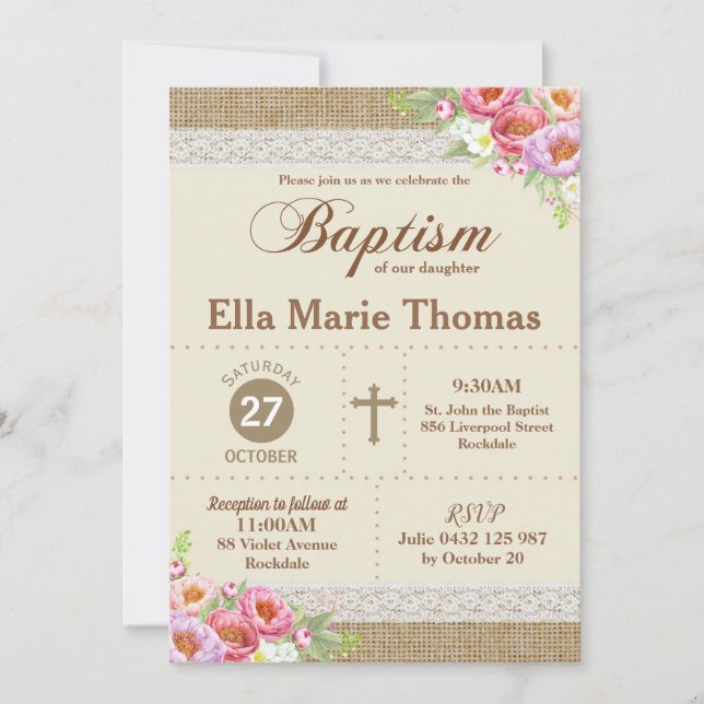 Burlap Lace Floral Christening Baptism Rustic Girl Invitation (Front)