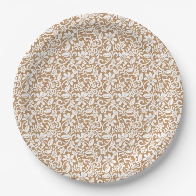 Burlap & Lace Floral Shabby Chic Paper Plate (Front)