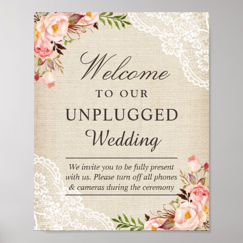 Burlap Lace Floral Unplugged Wedding Welcome Sign
