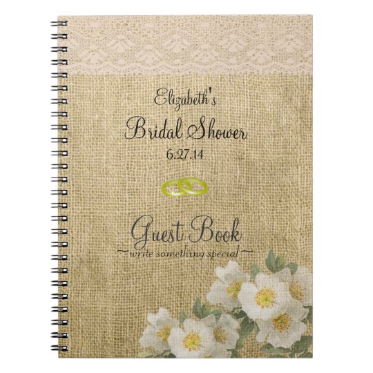 Burlap Lace Flowers Bridal Shower Guest Book Notebook