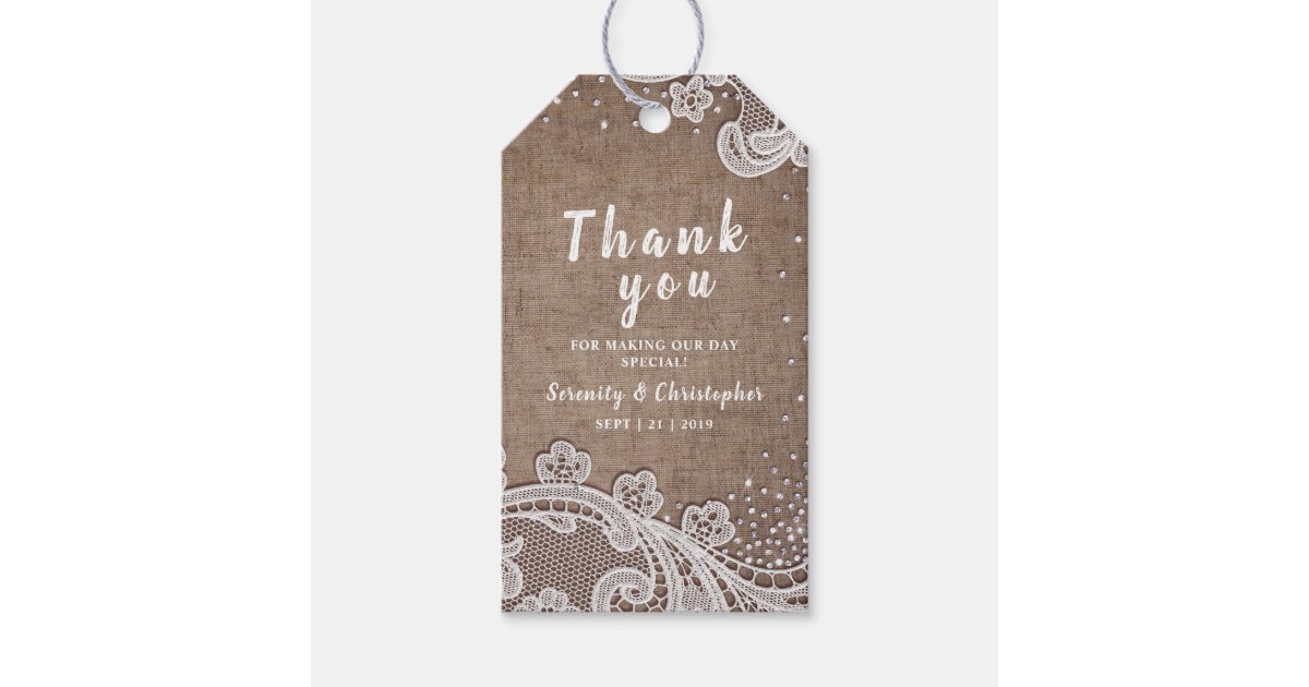 Burlap Lace glitter rustic Wedding thank you Gift Tags | Zazzle