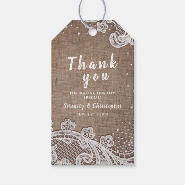 Burlap Lace glitter rustic Wedding thank you Gift Tags | Zazzle