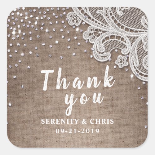 burlap lace glitter rustic wedding thank you square sticker