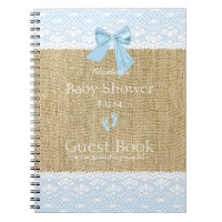 Burlap Lace Image Blue Bow Baby Shower Guest Book- Notebook