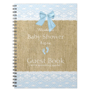 Burlap Lace Image Blue Bow Baby Shower Guest Book- Notebook