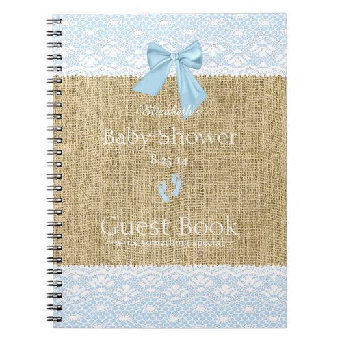 Burlap Lace Image Blue Bow Baby Shower Guest Book_ Notebook