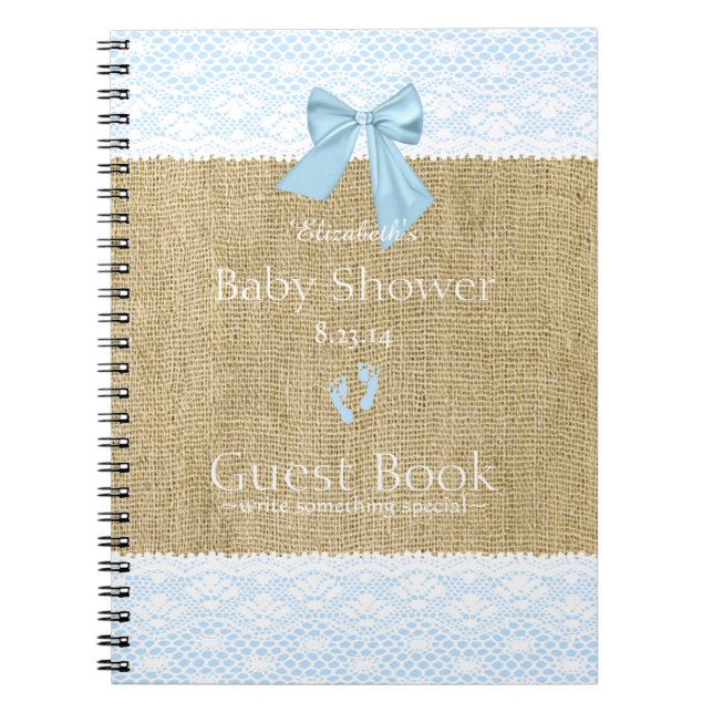 Burlap Lace Image Blue Bow Baby Shower Guest Book- Notebook (Front)