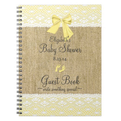 Burlap Lace Image Yellow Bow Shower Guest Book_ Notebook