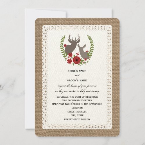 Burlap + Lace Inspired Christmas Wedding Deer Custom Invites