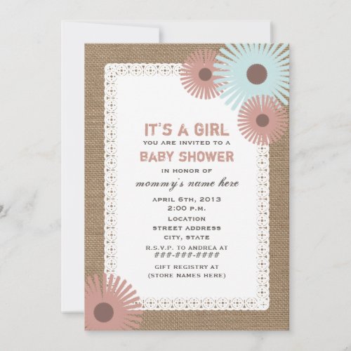 Burlap  Lace Inspired Floral Baby Shower Invite