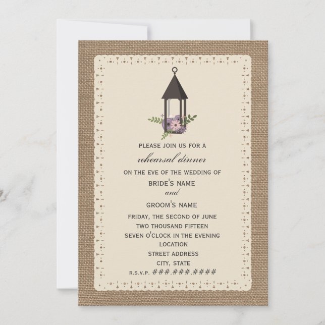 Burlap & Lace Inspired Floral Lantern Rehearsal Invitation (Front)