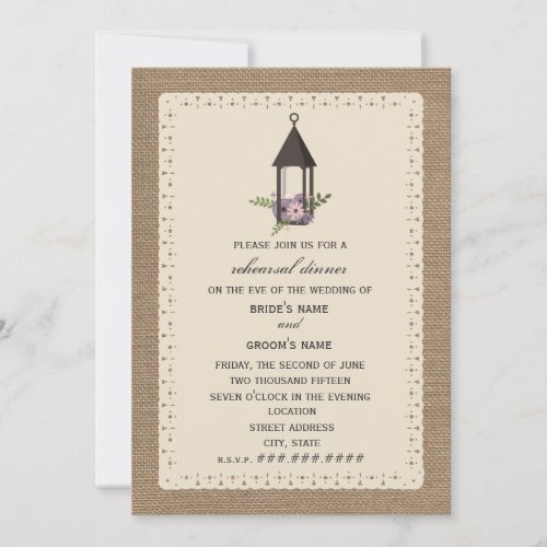 Burlap  Lace Inspired Floral Lantern Rehearsal Invitation