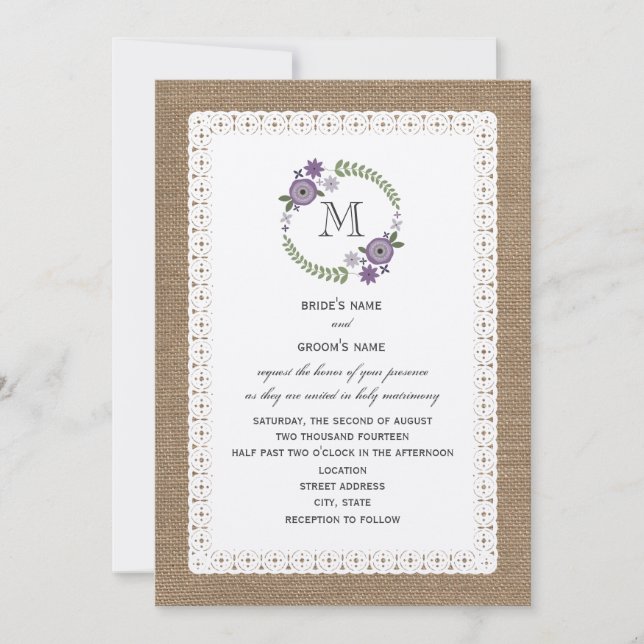 Burlap & Lace Inspired Purple Wreath Monogram Invitation (Front)