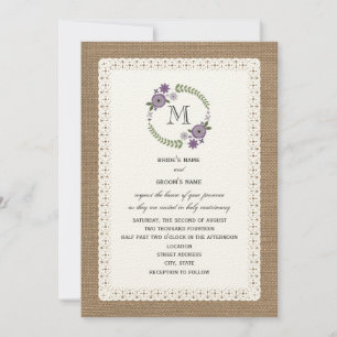 Burlap & Lace Inspired Purple Wreath Monogram Invitation