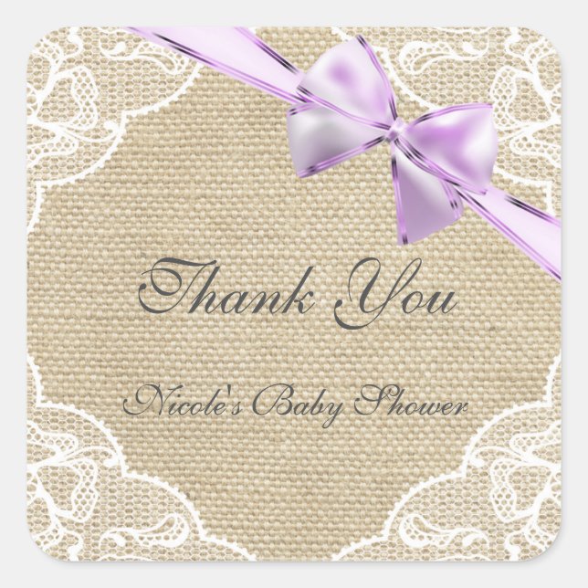 Burlap Lace & Lavender Bow Baby Shower Sticker (Front)
