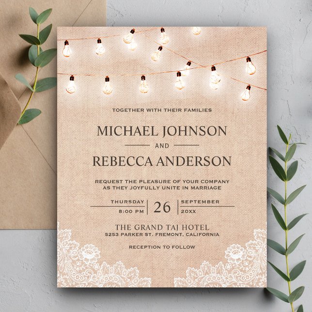 Burlap Lace Lights Budget Wedding Invitation (Creator Uploaded)