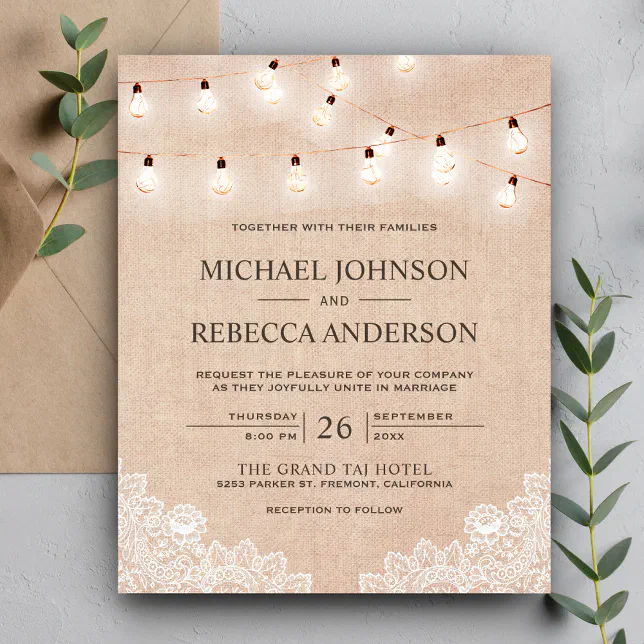 Burlap Lace Lights Budget Wedding Invitation | Zazzle