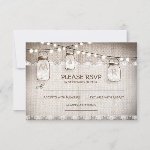 burlap lace lights  mason jar wedding RSVP card