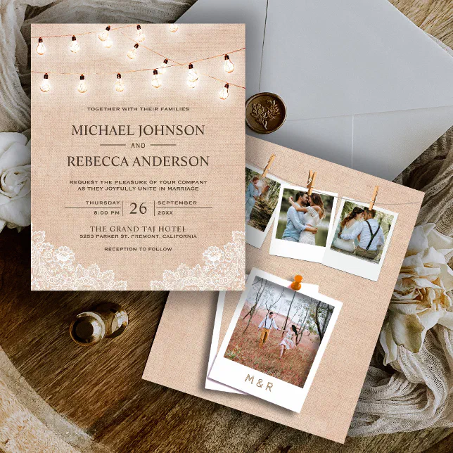 Burlap Lace Lights Photo Budget Wedding Invitation | Zazzle