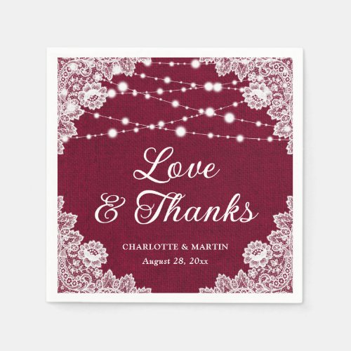 Burlap Lace Love and Thanks Burgundy Wedding Napkins