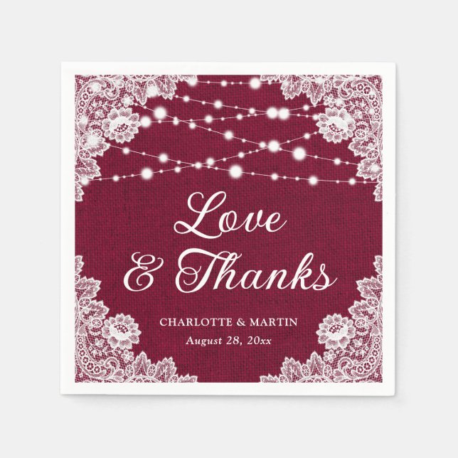 Burlap Lace Love and Thanks Burgundy Wedding Napkins (Front)