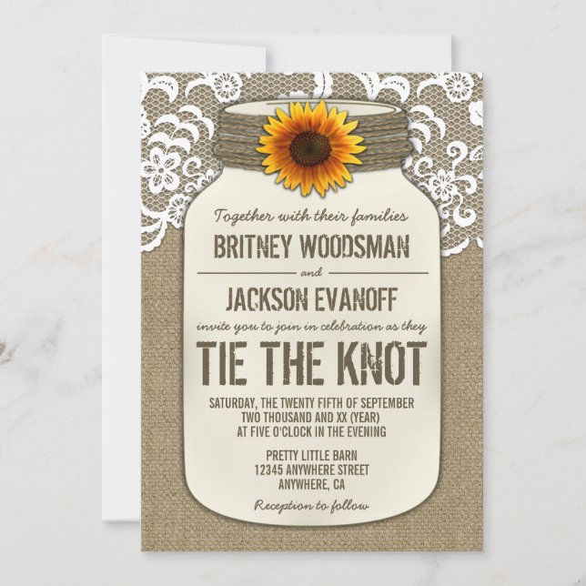 Burlap Lace Mason Jar Wedding Invitations (Front)