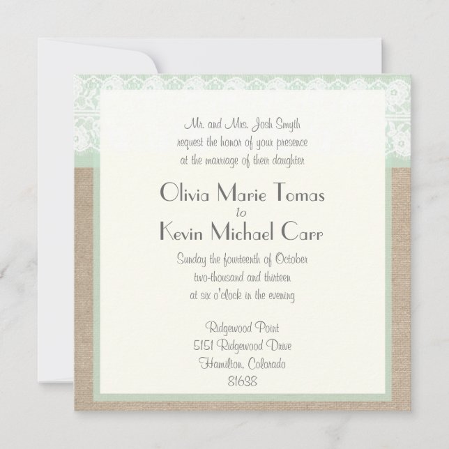 Burlap & Lace Mint Customizable Wedding Invitation (Front)