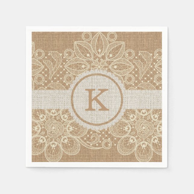 Burlap & Lace Monogram Paper Napkins (Front)