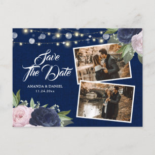 Burlap Lace Navy Blue Blush Save The Date Photo Announcement Postcard