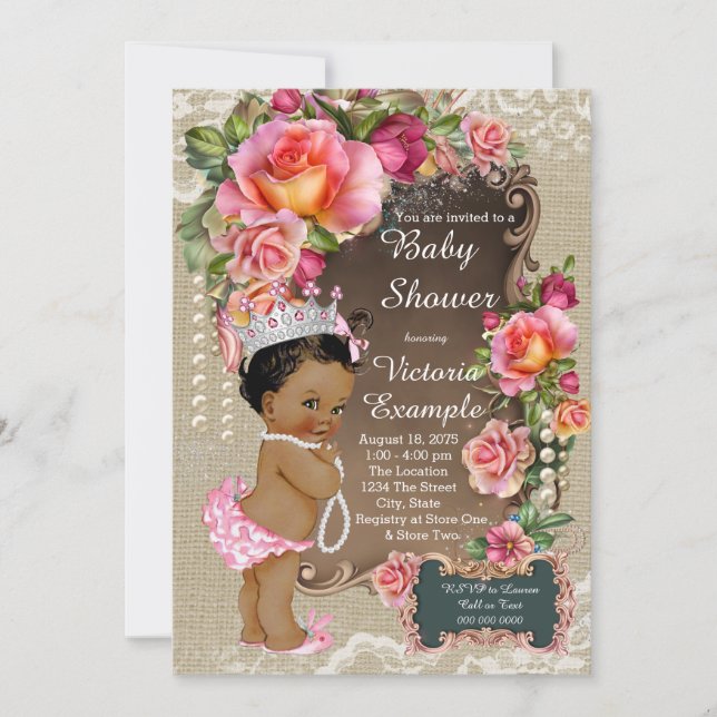 Burlap Lace Pearl Ethnic Princess Baby Shower Invitation (Front)